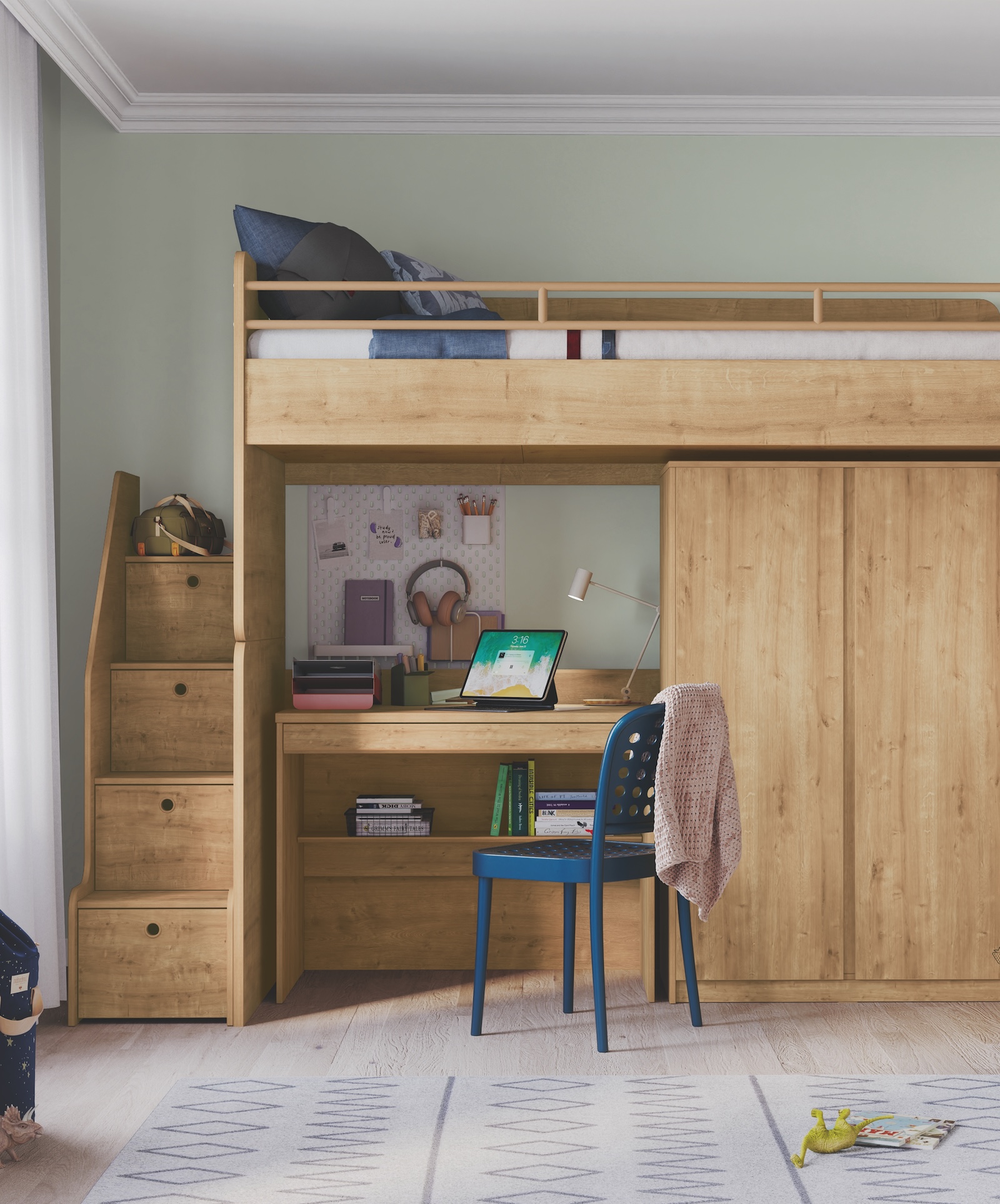 Studio høj seng i eg med trappe, skrivebord og garderobe under sengen
